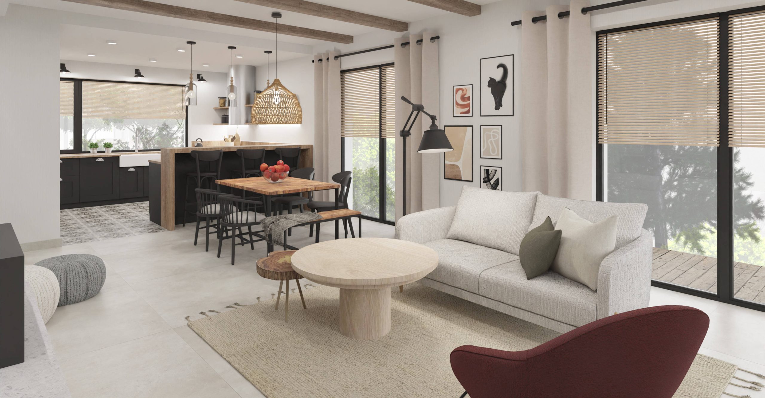 wizualizacja salonu w stylu rustykalnym